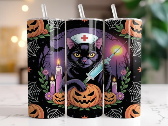 Halloween Nurse Black Cat Tumbler Wrap
