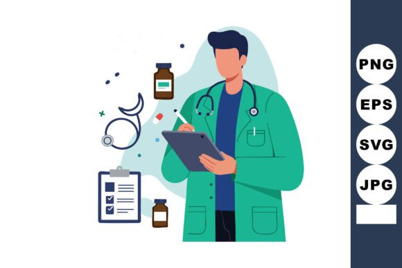 Male Doctor Writing Medical Notes with S
